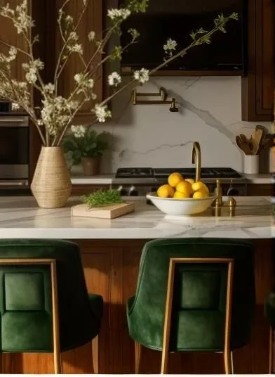 Luxury Walnut Kitchen with Marble Countertops and Spring Styling – Janele Stratton Designs Luxury walnut kitchen featuring green velvet barstools, a marble island with brass fixtures, blooming spring branches in a ceramic vase, and a bowl of fresh lemons.