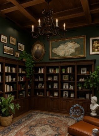 A richly styled English library featuring deep green walls, dark walnut built-in cabinetry, antique portrait artwork, classical bust sculpture, and an ornate vintage rug, designed by Janele Stratton Designs.