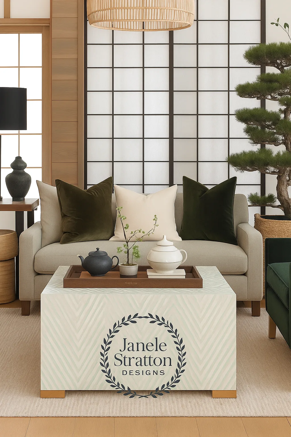 Janele Stratton Designs Shibuii Living Room with Shoji Screen and Mother of Pearl Table Luxury Shibuii-inspired living room with neutral linen sofa, dark green velvet pillows, Shoji screen backdrop, bonsai tree, and a mother of pearl coffee table.