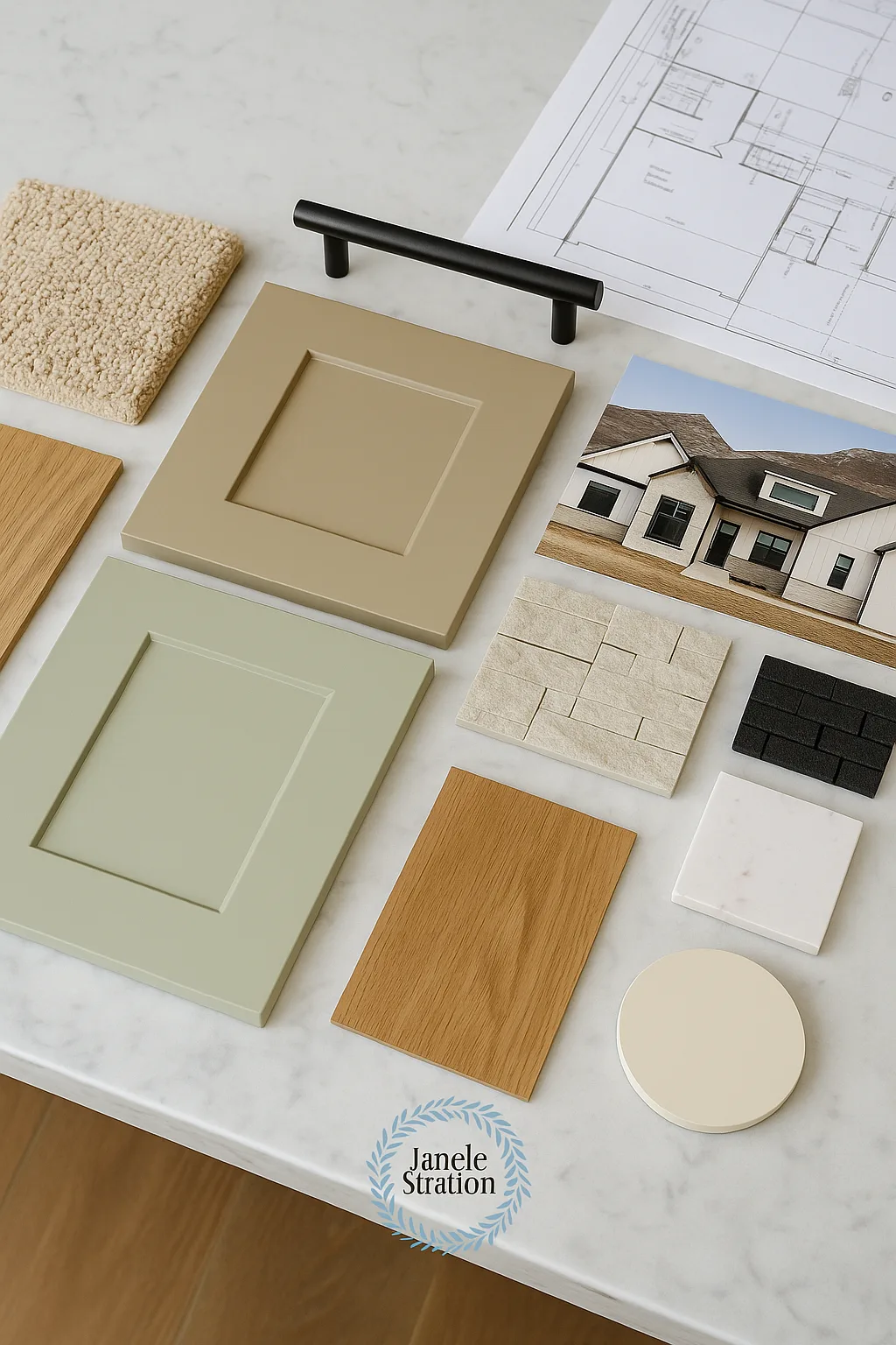 Finish Selection Tabletop Display for New Construction Projects A white marble countertop with neatly arranged architectural samples including stone veneer, paint swatches, wood flooring, and metal hardware, used for new construction design decisions