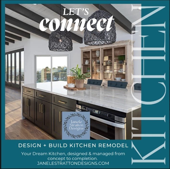 Luxury Kitchen Remodel by Janele Stratton Designs – Coastal Modern Style Modern coastal kitchen with waterfall marble island, dark lower cabinets, woven pendant lights, and built-in hutch designed by Janele Stratton Designs.