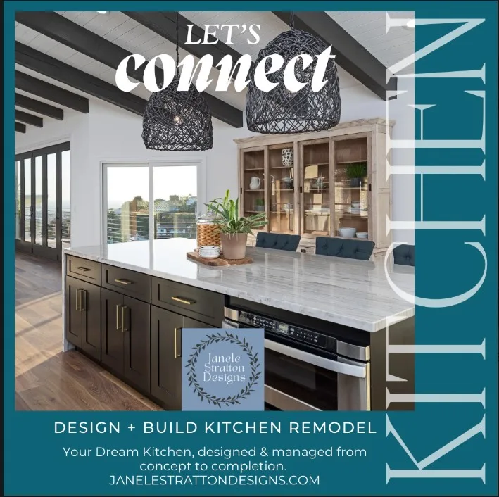 Luxury Kitchen Remodel by Janele Stratton Designs – Coastal Modern Style Modern coastal kitchen with waterfall marble island, dark lower cabinets, woven pendant lights, and built-in hutch designed by Janele Stratton Designs.